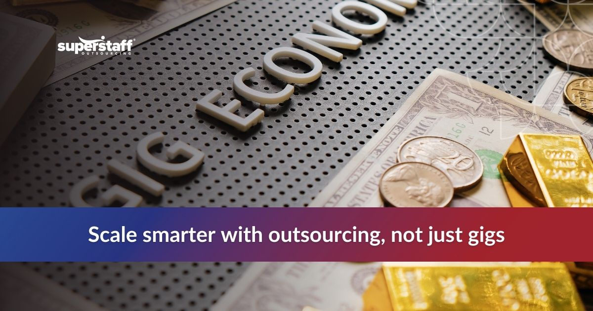 Gig Economy_Featured Close-up of the phrase 'Gig Economy' on a textured surface, surrounded by coins and gold bars, highlighting outsourcing.