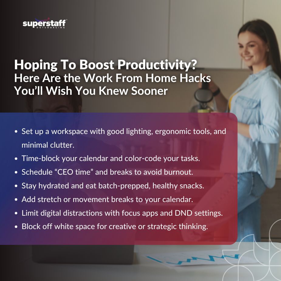 32 Work From Home Hacks_MI A mini infographic showing helpful work from home hacks for remote employees