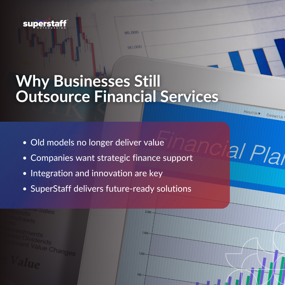 60% of Finance and Accounting_MI Mini infographic titled “Why Businesses Still Outsource Financial Services” with insights on shifting trends and strategic value in modern outsourcing.