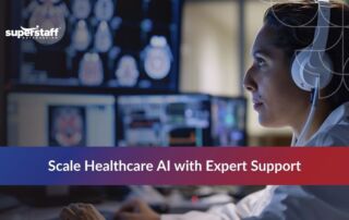 Healthcare BPO agent with headset and AI support text