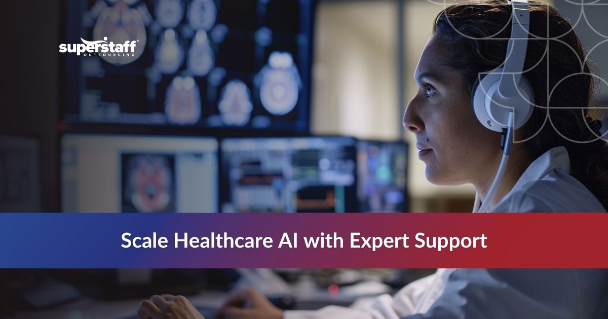 Healthcare BPO agent with headset and AI support text