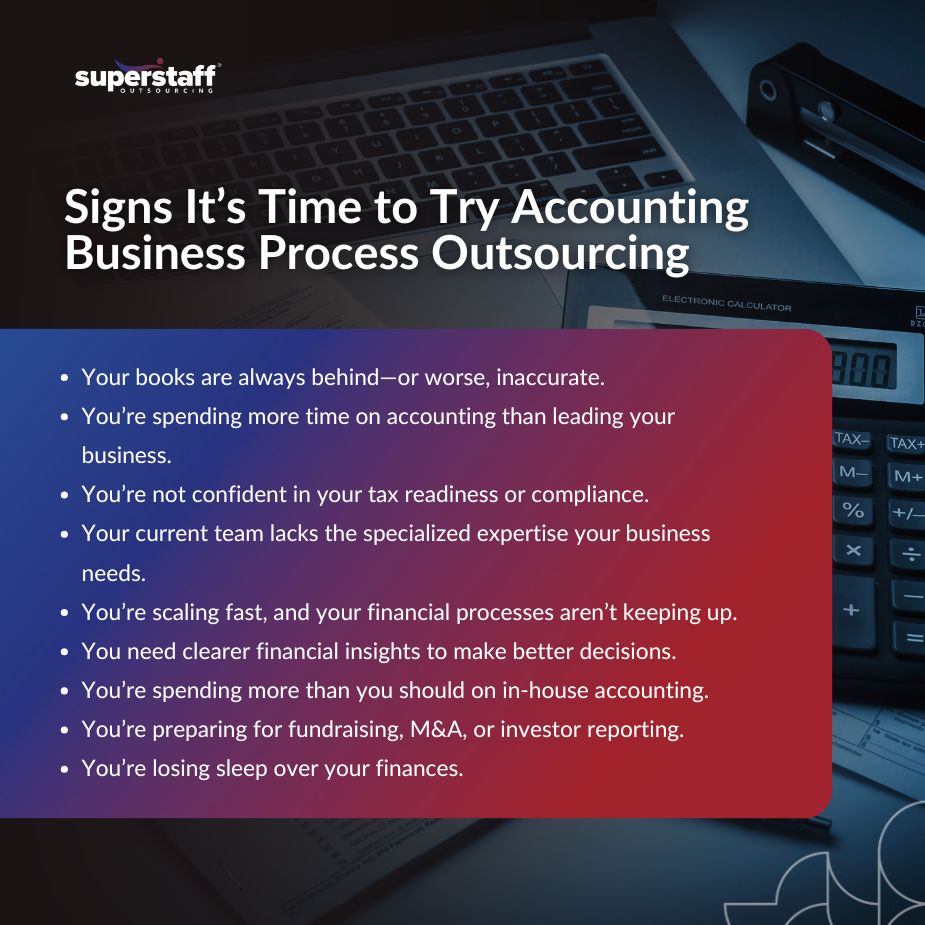 Accounting Business Process Outsourcing_MI List of signs indicating the need for accounting business process outsourcing, featuring a calculator and documents.