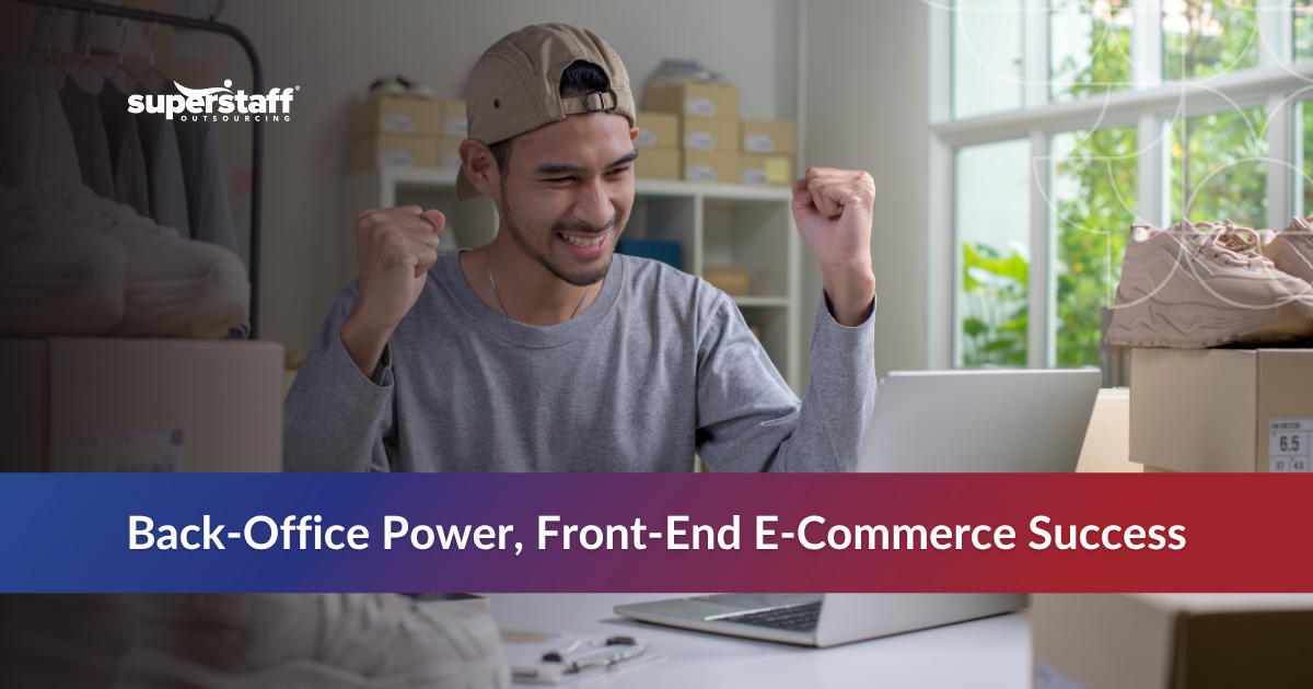 E-Commerce Back-Office_Featured Logistics worker celebrating with text 'Back-Office Power.'