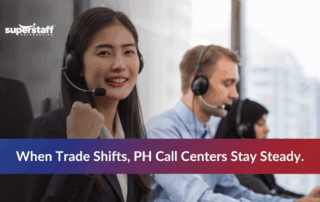 Filipino BPO workers with text 'PH Call Centers Stay Steady’