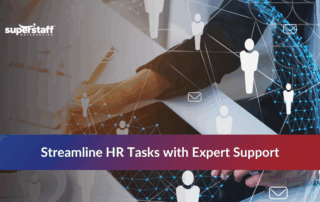 Person working on a tablet with HR icons and text promoting streamlined HR tasks and expert support.