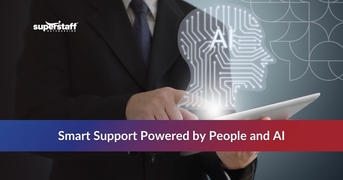 Human + AI_Featured Man holding tablet with AI screen, text: Smart Support