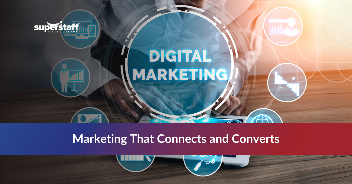 Inbound vs Outbound_Featured Hands using a tablet with digital marketing icons and the text "Marketing That Connects and Converts.