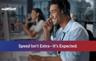 BPO worker answering calls with text about fast customer service