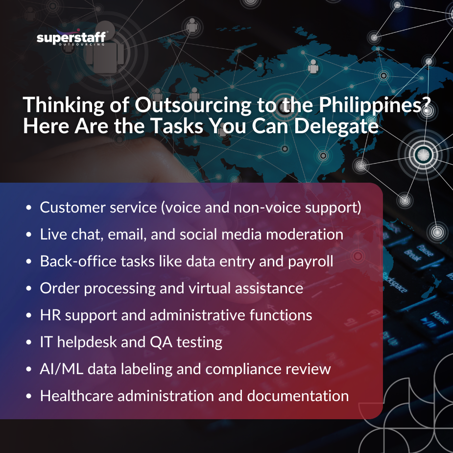 Outsourcing to the Philippines_MI A mini infographic shows the tasks you can delegate when outsourcing to the Philippines
