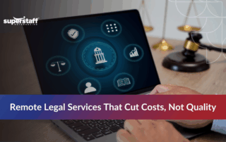 Remote legal professional using laptop with legal icons, representing remote legal services and virtual legal assistant tasks