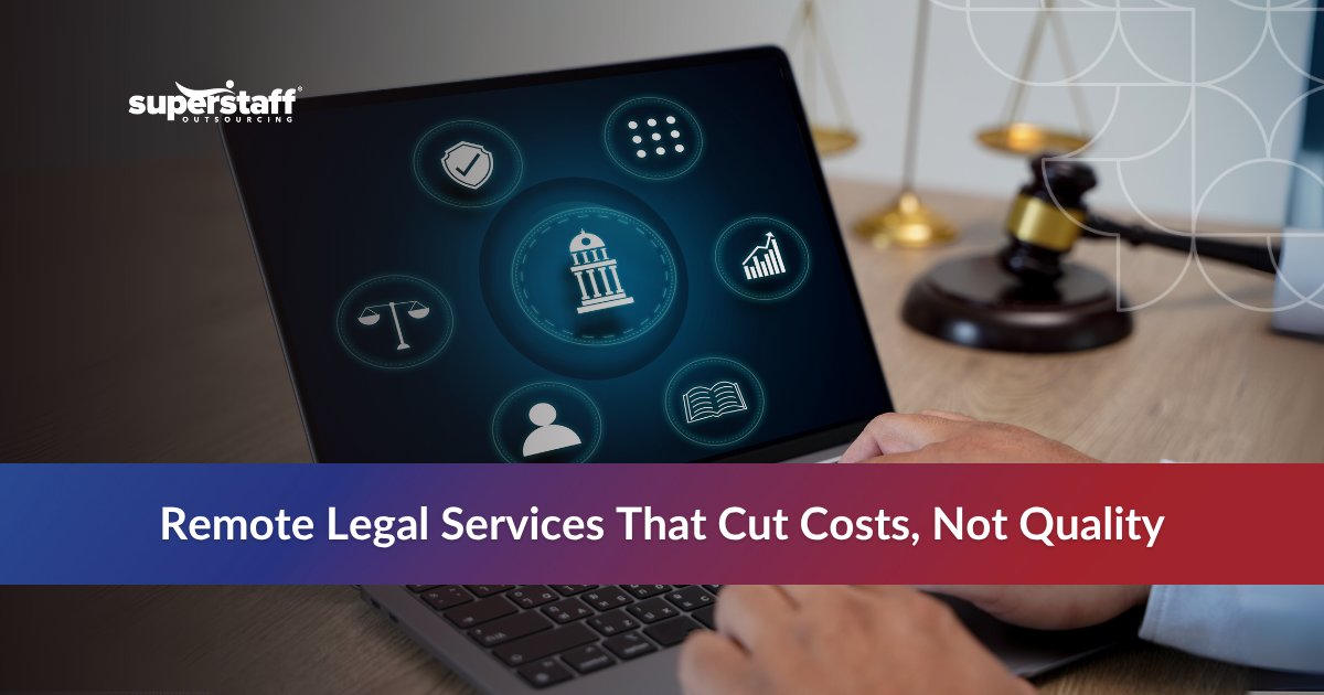 Remote Legal_Featured Remote legal professional using laptop with legal icons, representing remote legal services and virtual legal assistant tasks