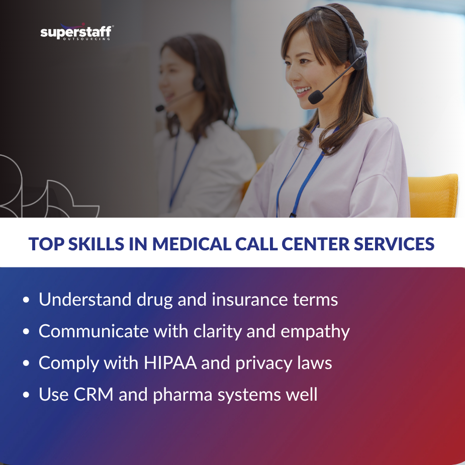 Skills to Succeed as a Pharmaceutical_MI Two female agents wearing headsets working in a bright office, representing the professionalism and expertise behind top-tier medical call center services.