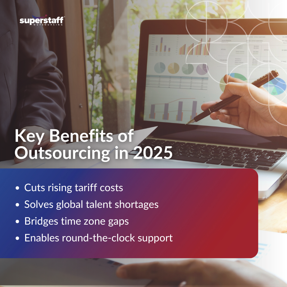 Tariffs, Talent and Time Zones Illustration showing the benefits of outsourcing for U.S. companies