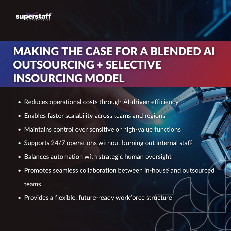 Blending AI_MI AI outsourcing symbolized by android and human hands pointing.