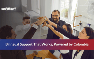 Call center agents in Colombia celebrating happily, showcasing a positive work culture .