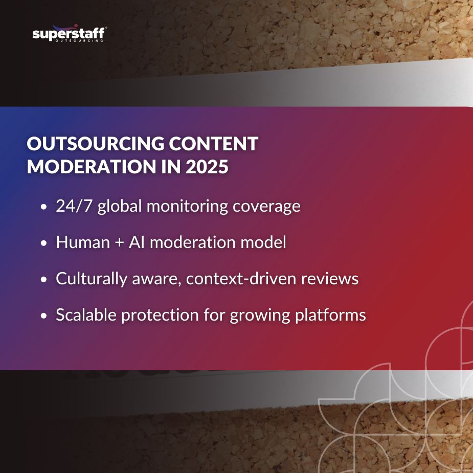 Content Moderation in 2025_MI Overview of outsourcing content moderation in 2025, highlighting key benefits and features offered by Superstaff.