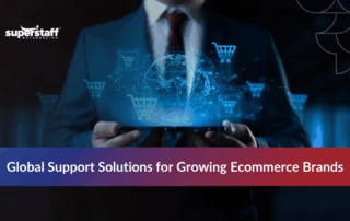 Hand typing with floating icons, representing multilingual call center services.