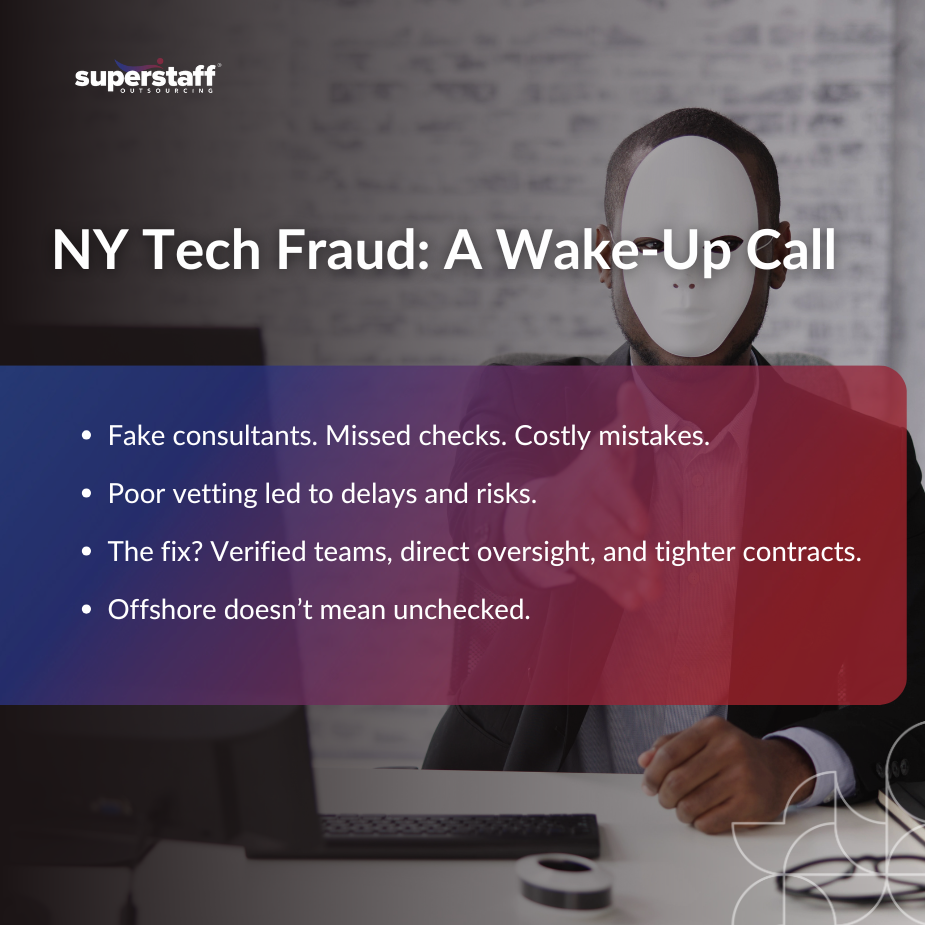 Fraud in NY _MI A masked figure warning about tech fraud in NY, emphasizing the need for proper offshore consultant vetting in NY.
