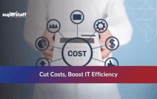 Icons representing cost reduction and efficient IT performance through outsourced help desk services