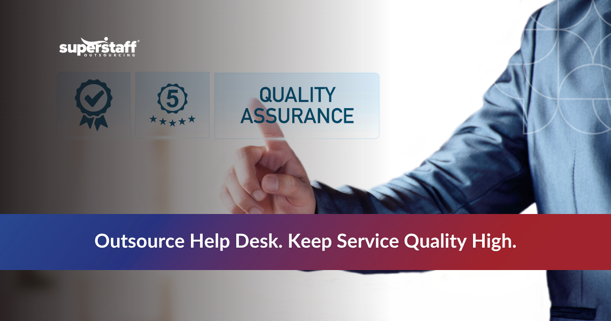Graphic explaining help desk outsourcing benefits, highlighting the transition, solutions, and SuperStaff's expertise.