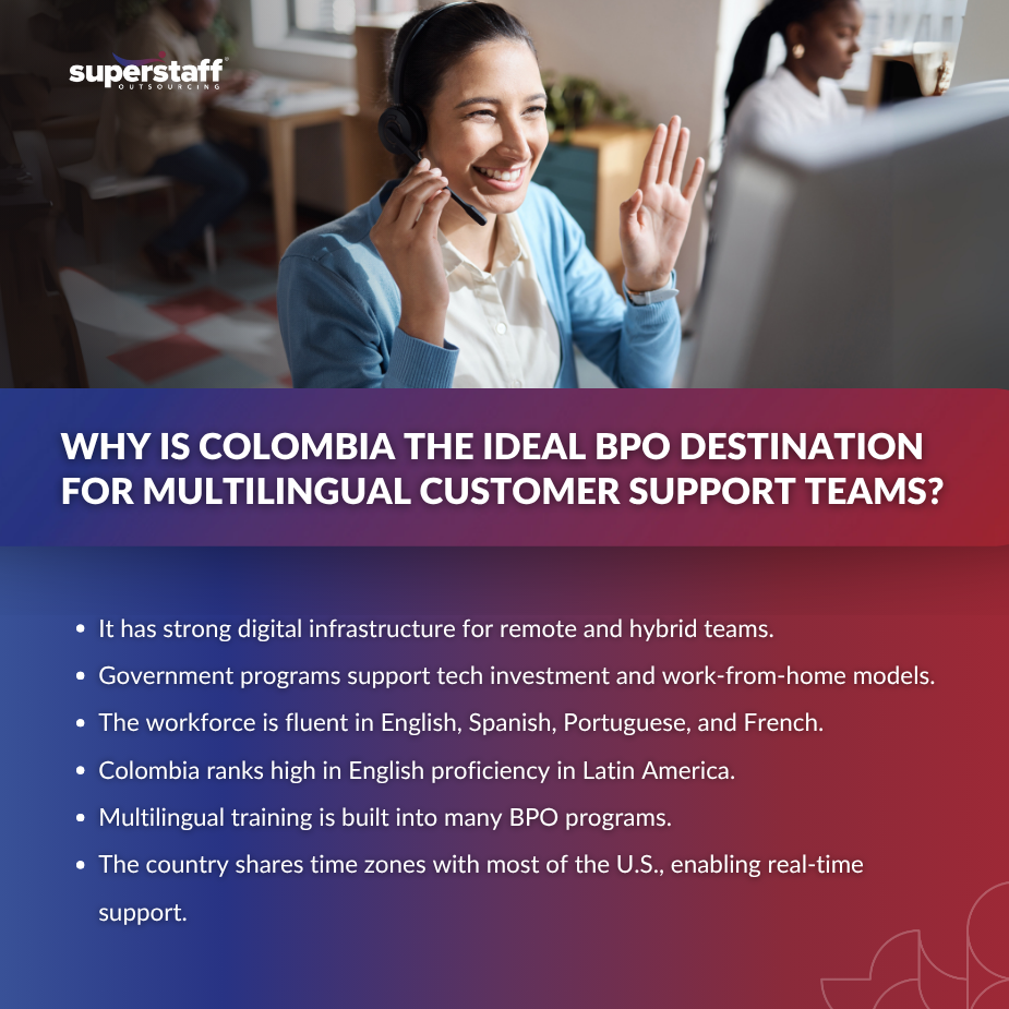 Hybrid Multilingual_MI A woman in a headset engages in a call, highlighting Colombia's advantages for multilingual customer support teams.