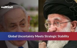 Image of Israeli and Iranian leaders with SuperStaff logo, highlighting global risks and the advantages of outsourcing.