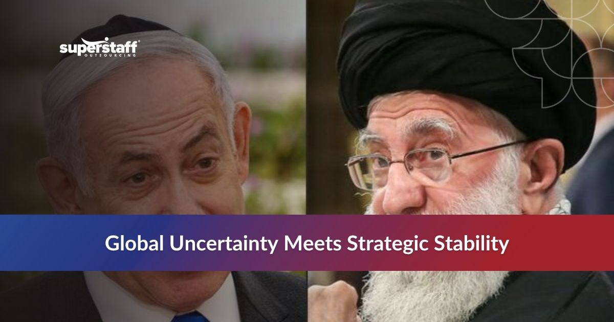 Israel-Iran Ceasefire_Featured Image of Israeli and Iranian leaders with SuperStaff logo, highlighting global risks and the advantages of outsourcing.