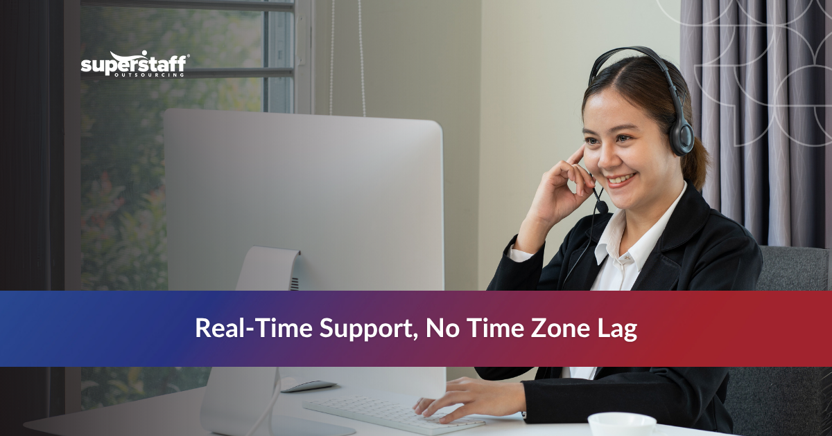 Happy call center agent taking calls, representing nearshoring Colombia