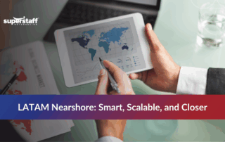 An infographic highlighting benefits of LATAM outsourcing, including cost savings and bilingual talent.