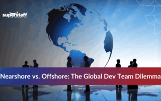 Globe icon with people silhouettes illustrating the concept of nearshore vs offshore outsourcing.