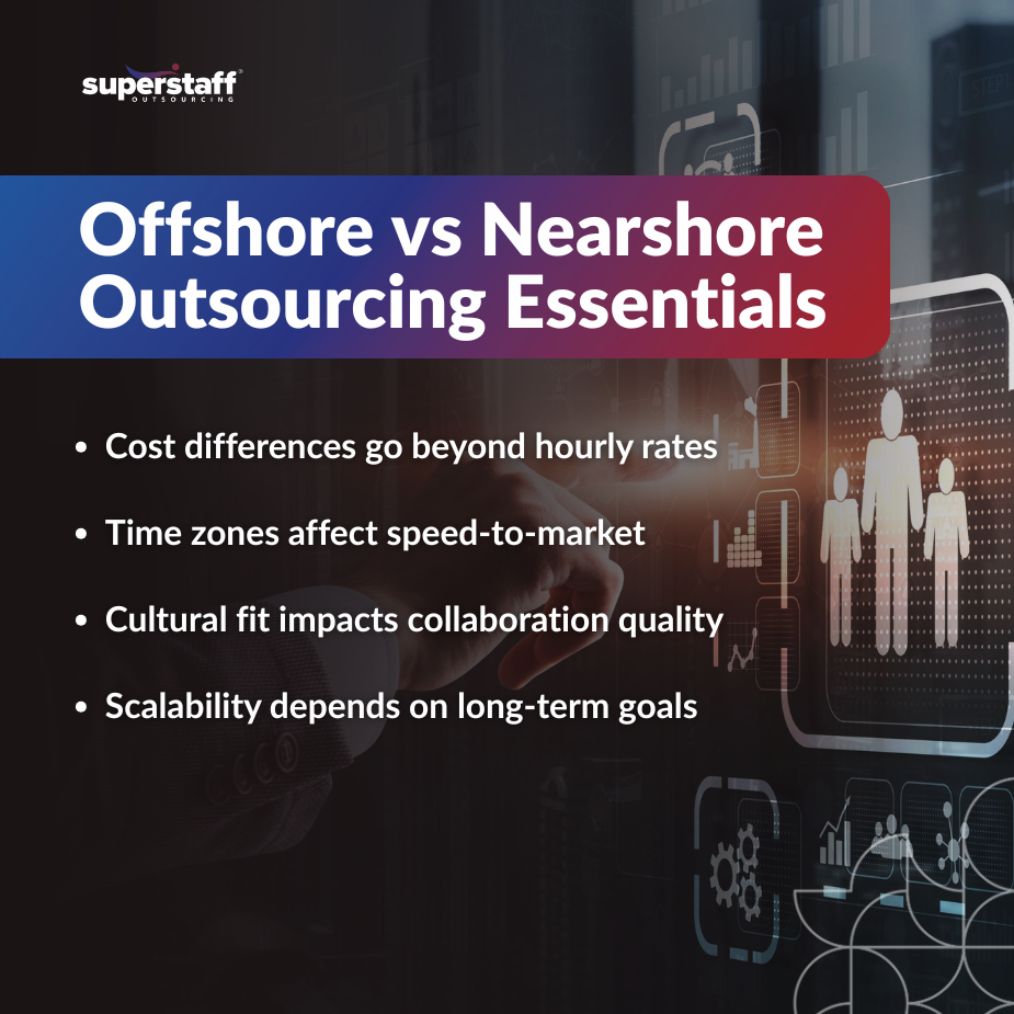 Outsourcing Debate_MI Key points on offshore vs nearshore outsourcing displayed on a digital background, highlighting cost and collaboration factors.