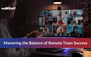 A laptop showing a video call with multiple participants, illustrating effective remote team management strategies.
