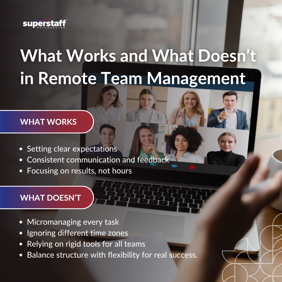 Remote Workforce_MI A laptop showing a video call with multiple participants, illustrating effective remote team management strategies.