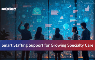 Scalable healthcare staffing solutions illustrated on a presentation slide, highlighting key challenges and solutions.