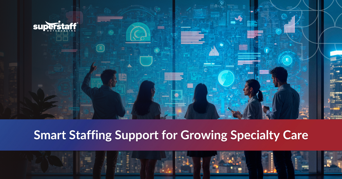 Scalable healthcare staffing solutions illustrated on a presentation slide, highlighting key challenges and solutions.