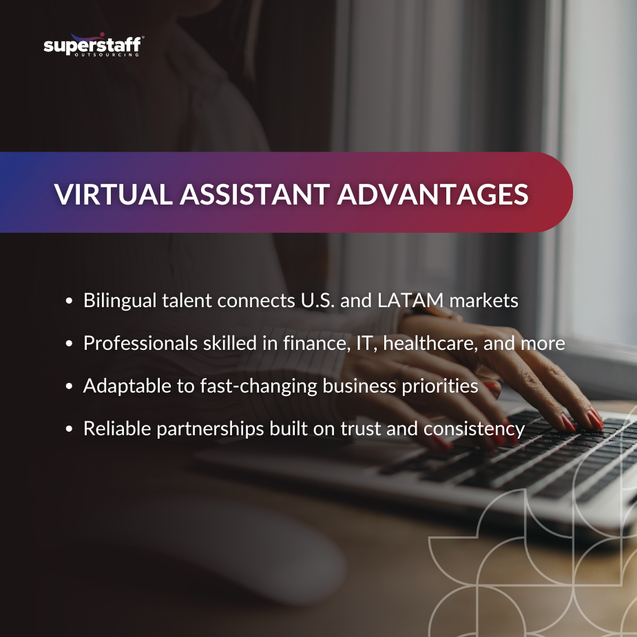 Beyond the Basics_MI Person typing on a laptop with text highlighting virtual assistant advantages like bilingual talent and skilled professionals.