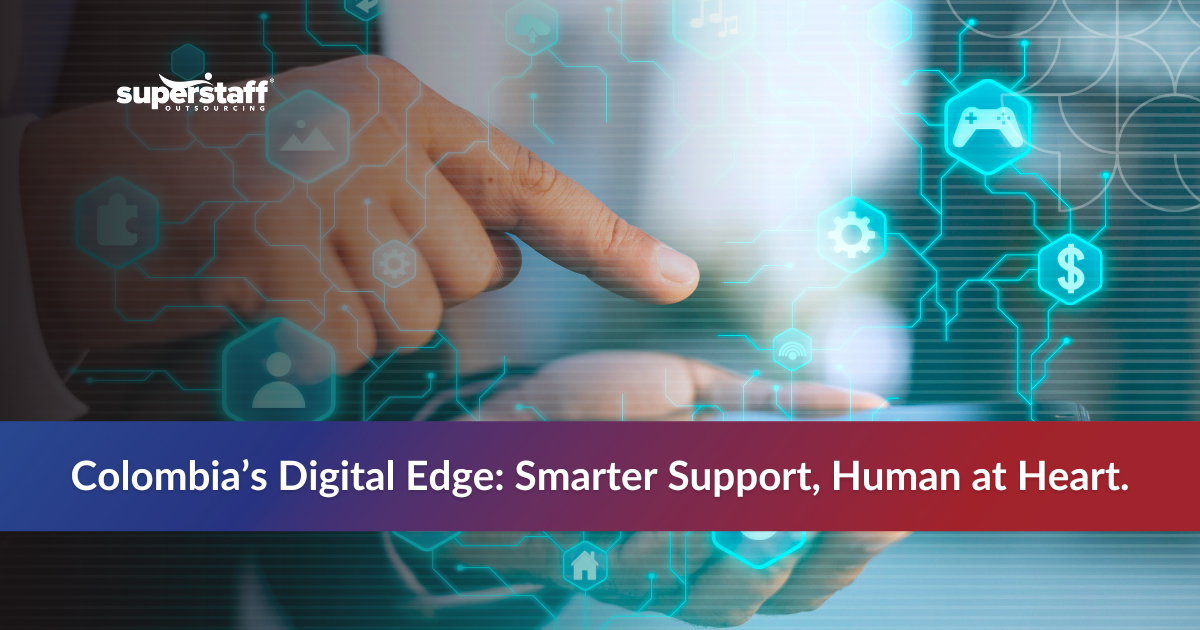 Human + AI_Featured Human and robot hands reaching toward digital interface showing outsourced tech support with AI integration benefits