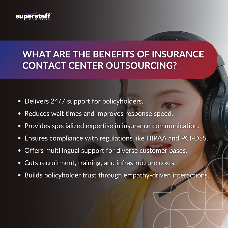 _Improve Policyholder_MI Insurance contact center outsourcing benefits infographic with customer service representative wearing headset
