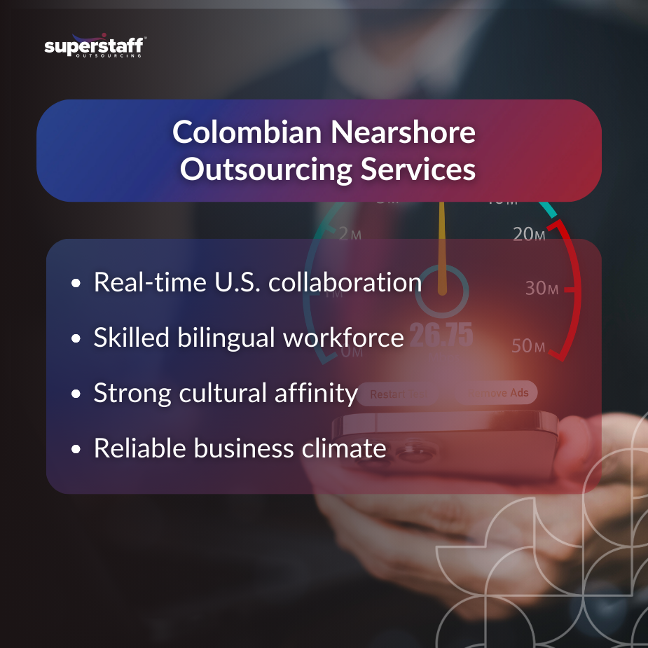 Now Economy_MI Colombian nearshore outsourcing services infographic with business dashboard and professional background