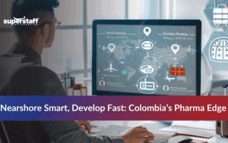 Man browsing with digital icons representing pharmaceutical outsourcing and global connections