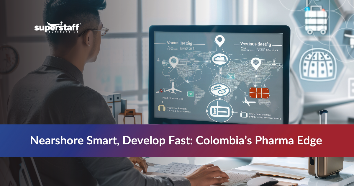 Man browsing with digital icons representing pharmaceutical outsourcing and global connections