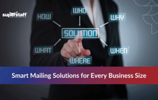 Hand pointing at BPO solution icons, highlighting print and mail outsourcing services.