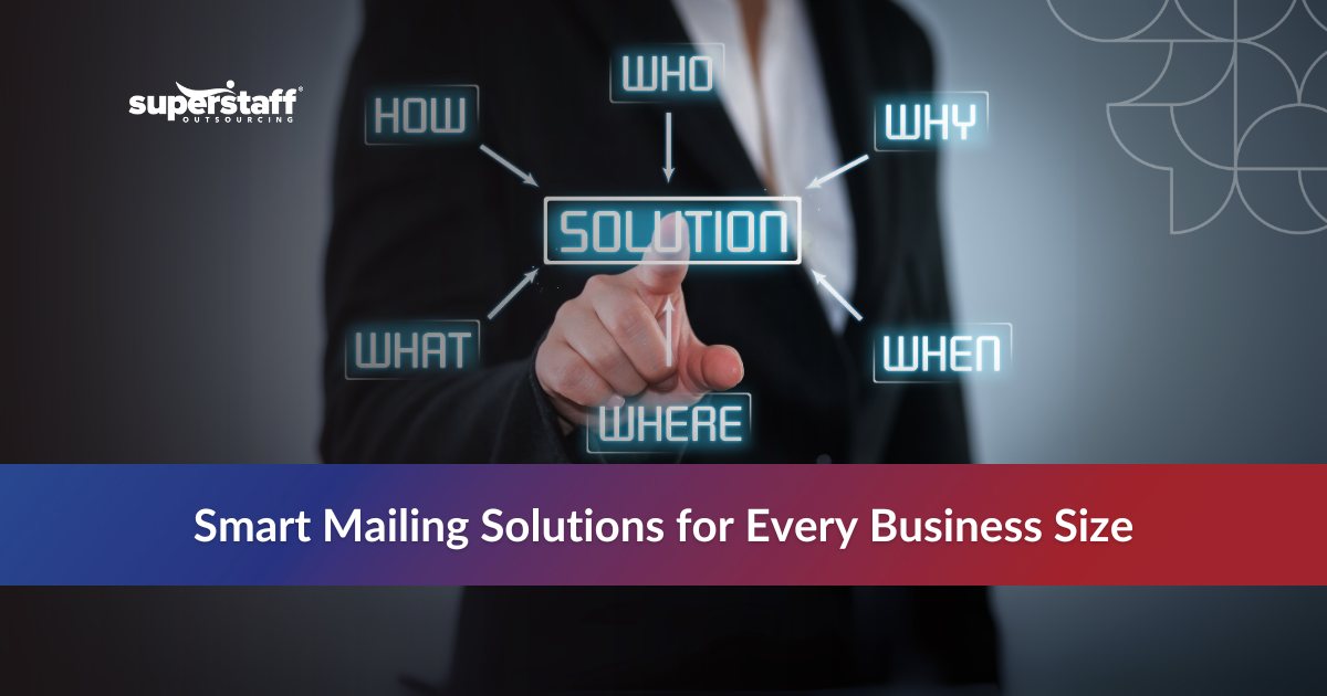 Hand pointing at BPO solution icons, highlighting print and mail outsourcing services.