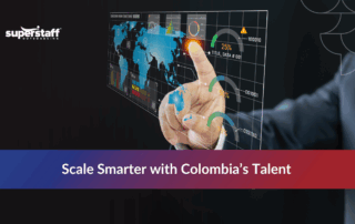 Hand holding globe showing what is nearshore staff augmentation with growth arrows and global connections