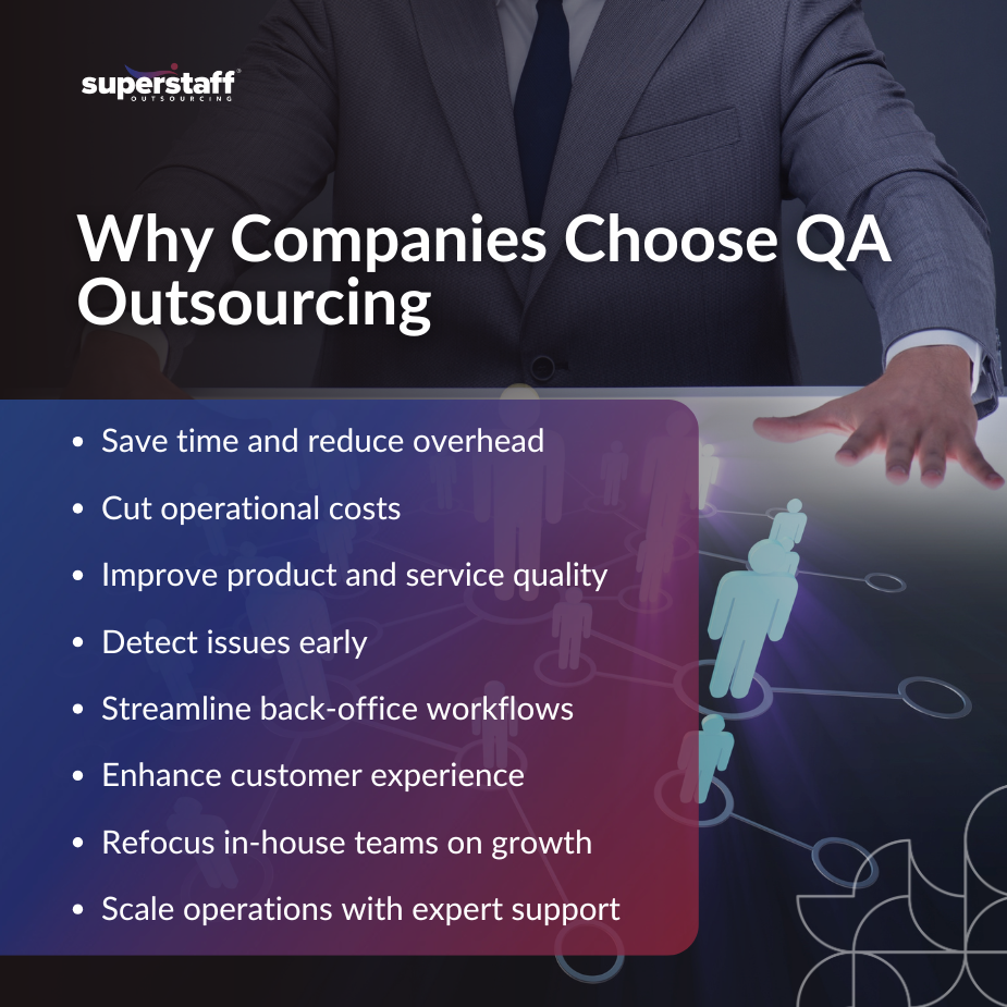 _Trust QA Outsourcing_MI A professional presenting the benefits of QA outsourcing, highlighting cost reduction and quality improvement.