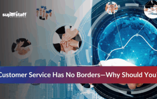 Global customer service infographic showing benefits of offshore call centers with business professional