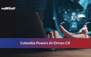 AI icons symbolizing the conversational AI vs chatbot innovation led by Colombia’s technology and BPO sectors.