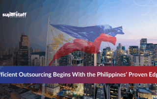 Graphic highlighting reasons why outsource to the Philippines, featuring a Philippine flag and key benefits listed.