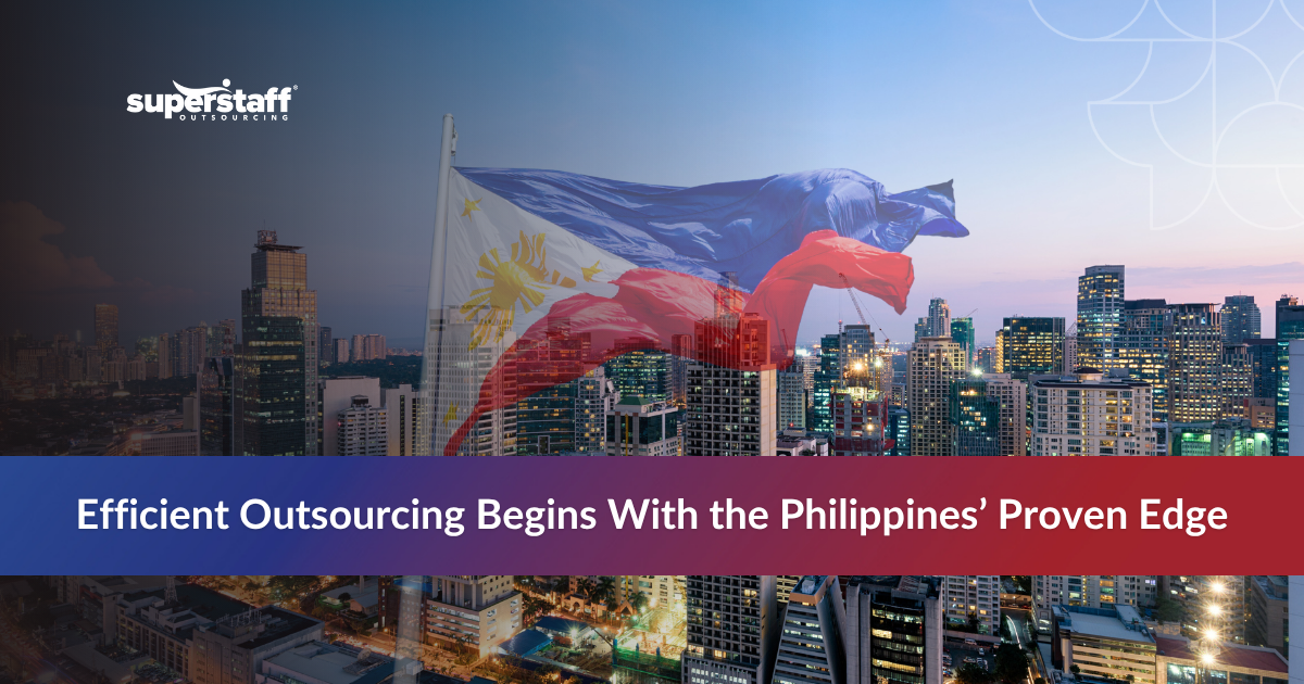 Graphic highlighting reasons why outsource to the Philippines, featuring a Philippine flag and key benefits listed.