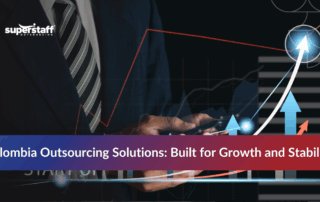 Business professional presenting nearshore BPO in Colombia advantages and outsourcing benefits